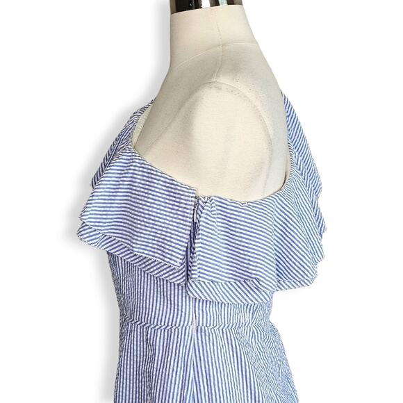 J. Crew One Shoulder Ruffle Seersucker Dress in blue size 10 NWT - Picture 5 of 15